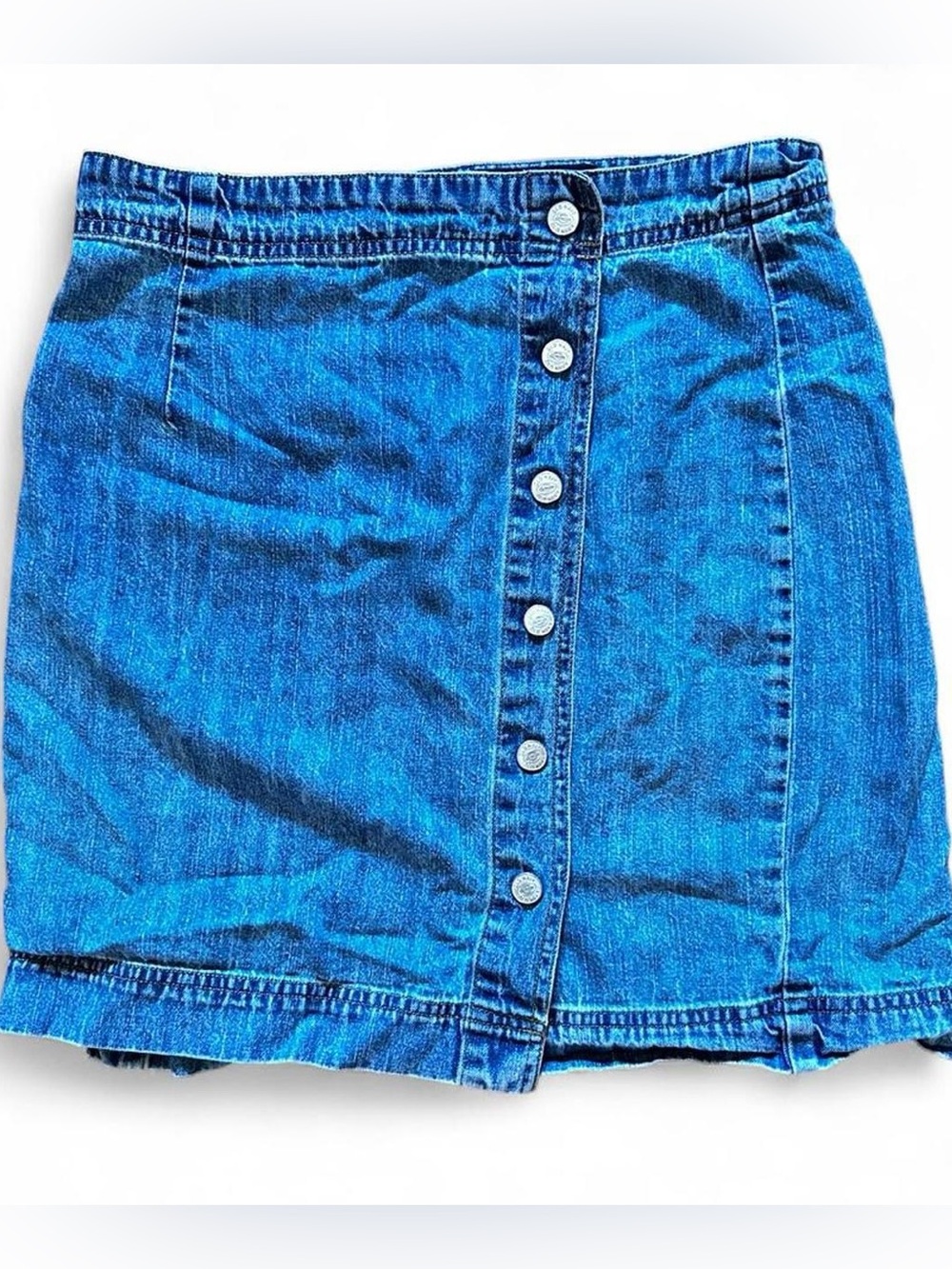 Vintage Old Navy asymmetrical light wash denim bottom-front mini skirt Sz 6